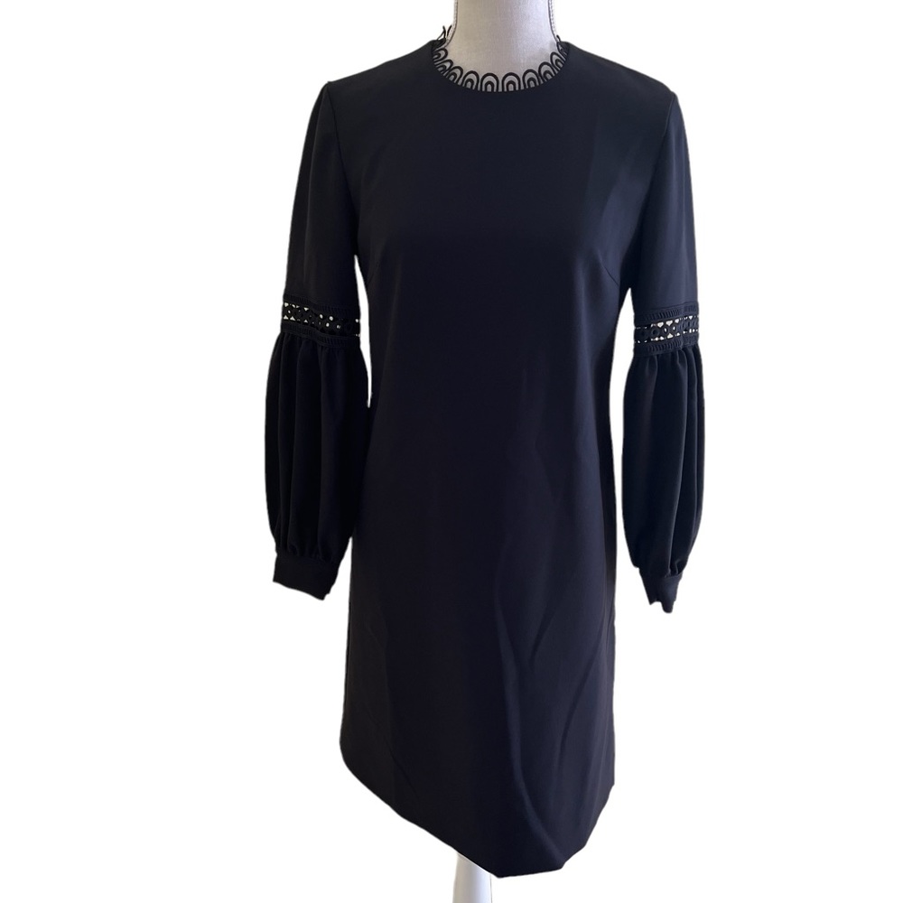 Lela Rose Pearl Black Stretch Crepe Lace Inset Dress 2 NEW